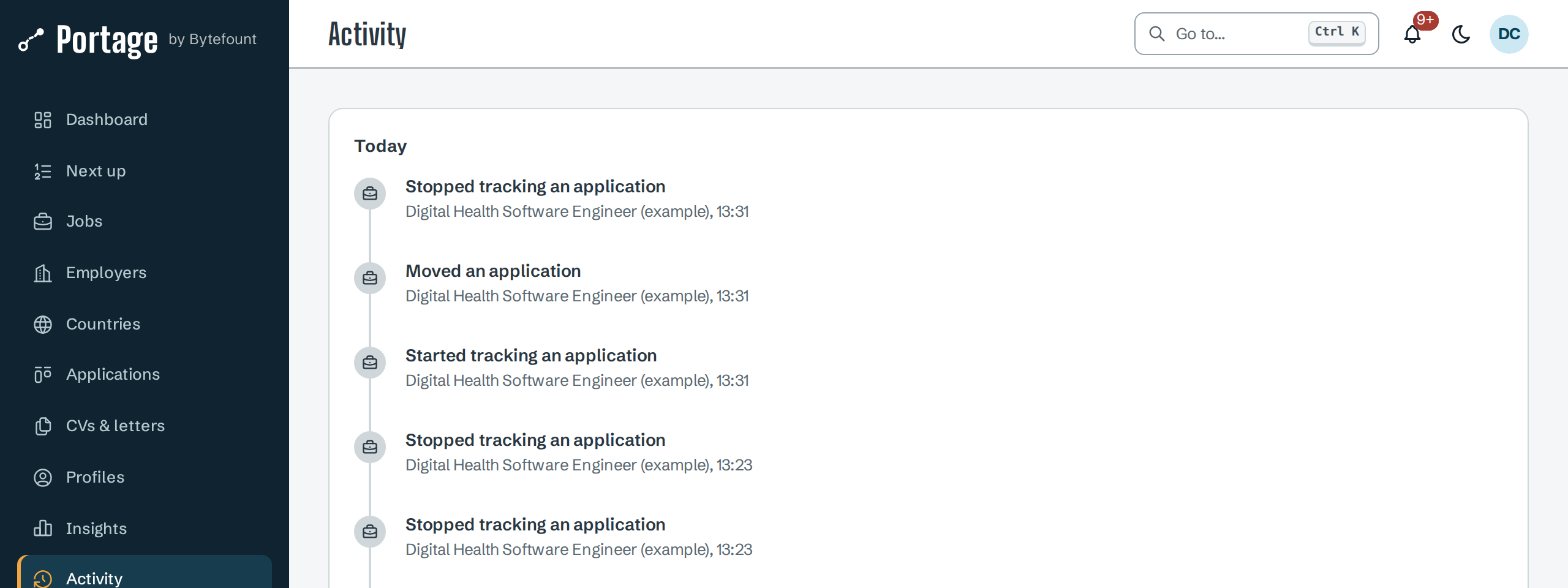 Activity page: under Today, Stopped tracking an application, Moved an application and Started tracking an application, each for Digital Health Software Engineer (example) with its time