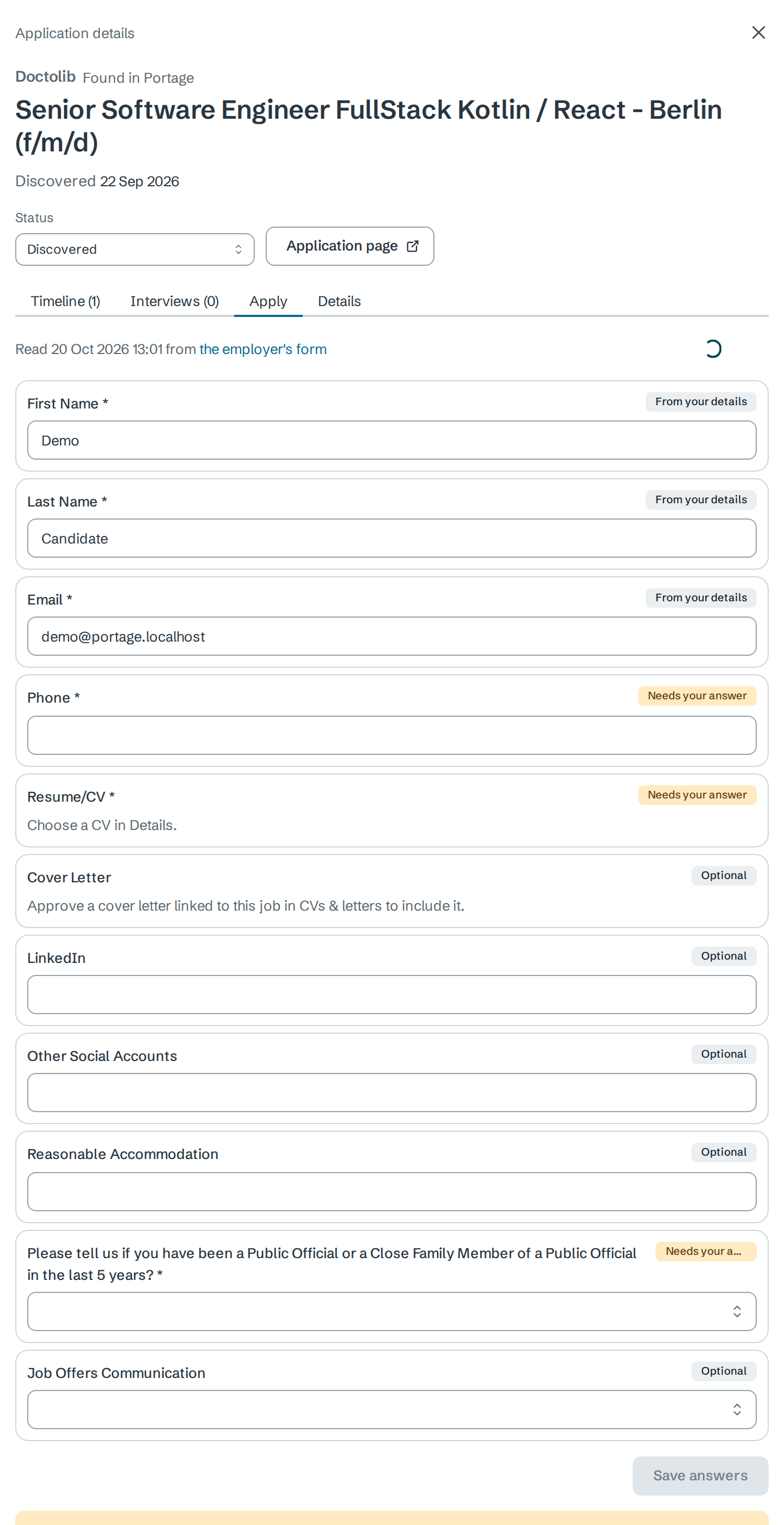 Apply tab for the Doctolib application: read 20 Oct 2026 from the employer's form; First Name, Last Name and Email filled From your details; Phone, Resume/CV and a public official question marked Needs your answer; Cover Letter, LinkedIn and others Optional