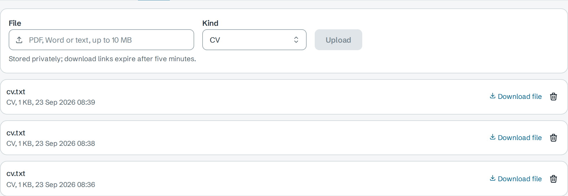 Files tab with the upload form and three uploaded CV files, each with Download file and a delete icon