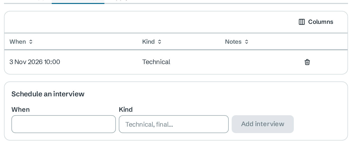Interviews tab with a Technical interview on 3 Nov 2026 10:00, and the Schedule an interview form with When, Kind and Add interview