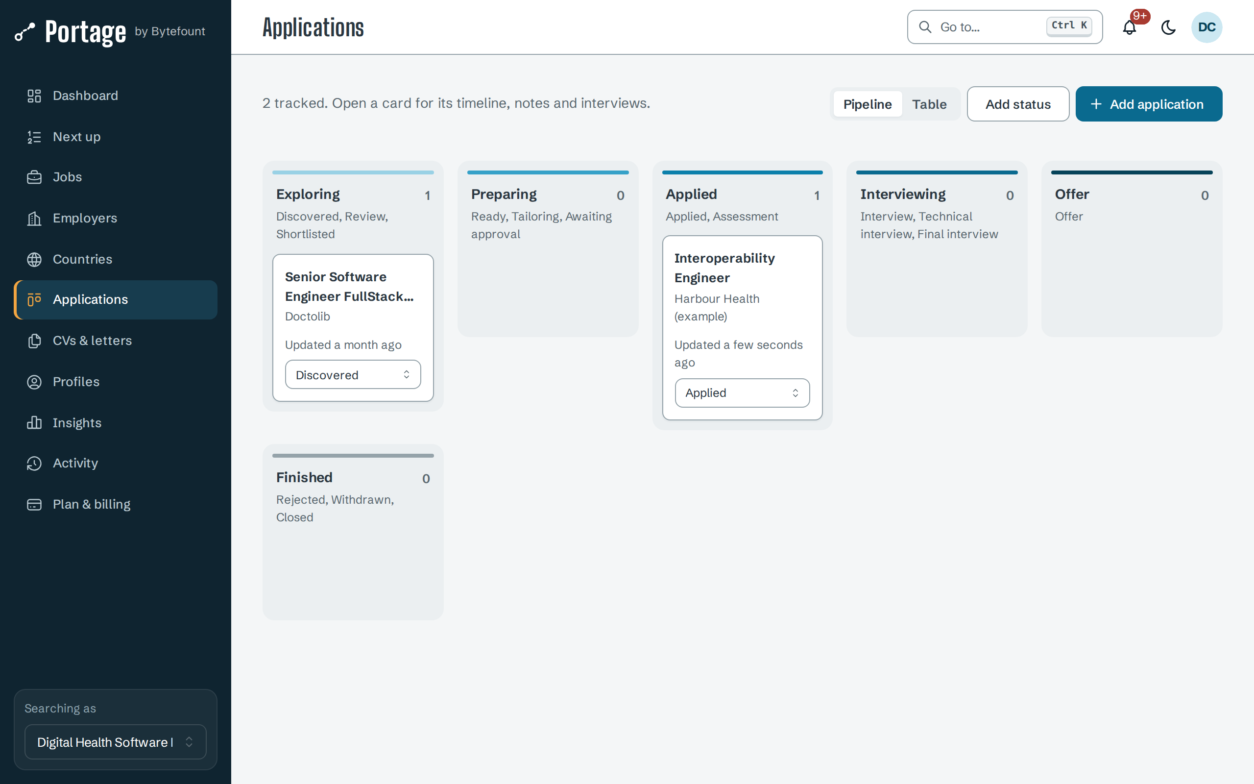 Applications pipeline: Exploring with the Doctolib job as Discovered, Preparing empty, Applied with Interoperability Engineer at Harbour Health (example), Interviewing, Offer and Finished empty