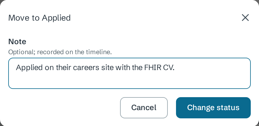 Move to Applied dialog with the note Applied on their careers site with the FHIR CV., and Cancel and Change status buttons
