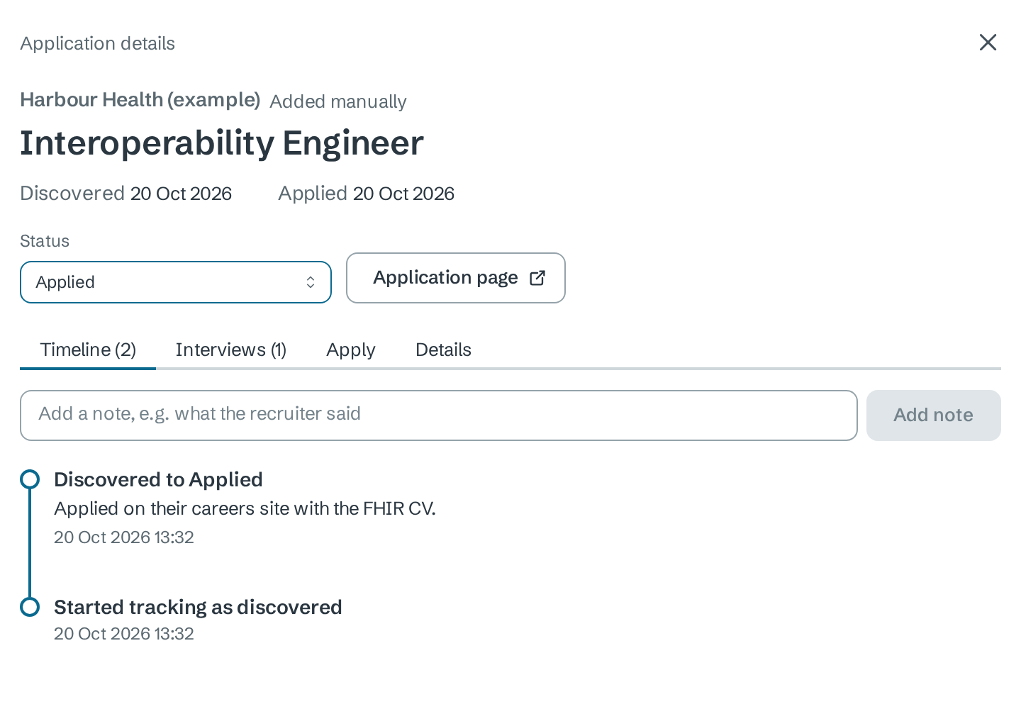 Application details for Interoperability Engineer at Harbour Health (example), added manually: Discovered and Applied 20 Oct 2026, status Applied, and the timeline Discovered to Applied with the note, then Started tracking as discovered