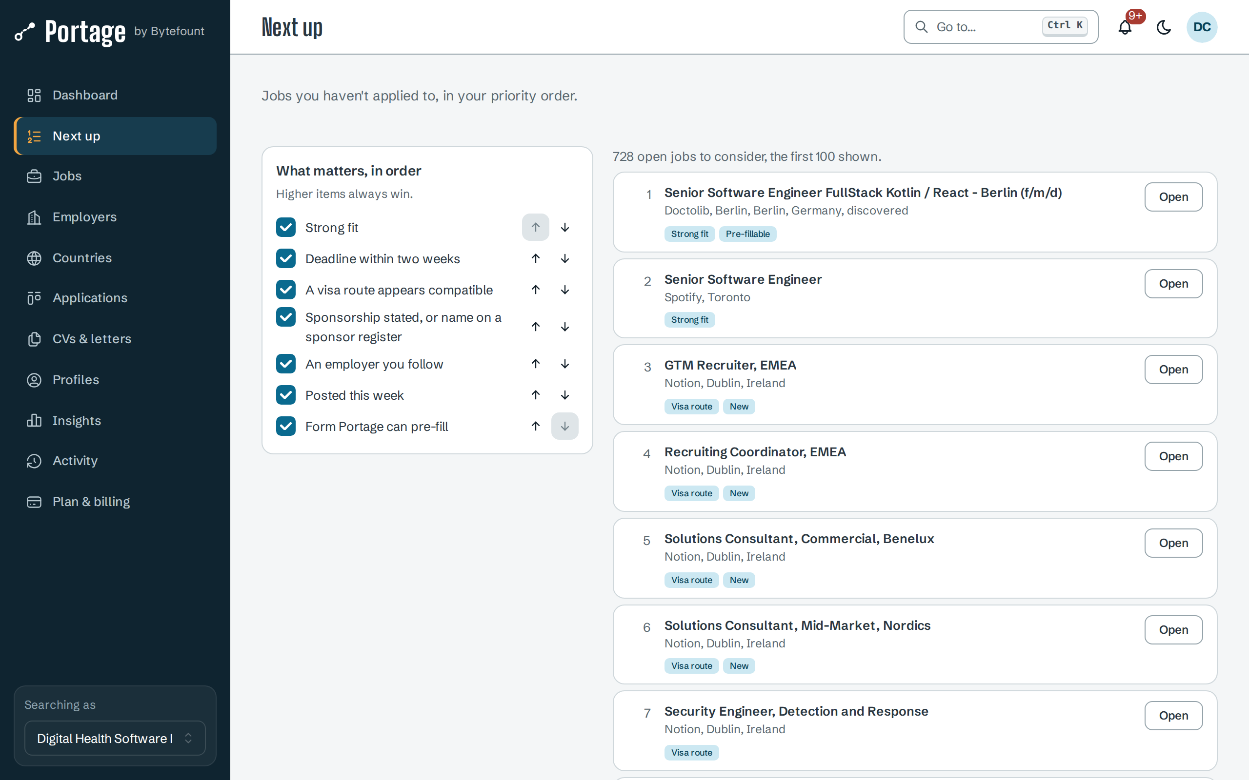 Next up: What matters, in order, with seven ticked factors, and the queue of jobs, each with tags such as Strong fit, Pre-fillable, Visa route and New, and an Open button