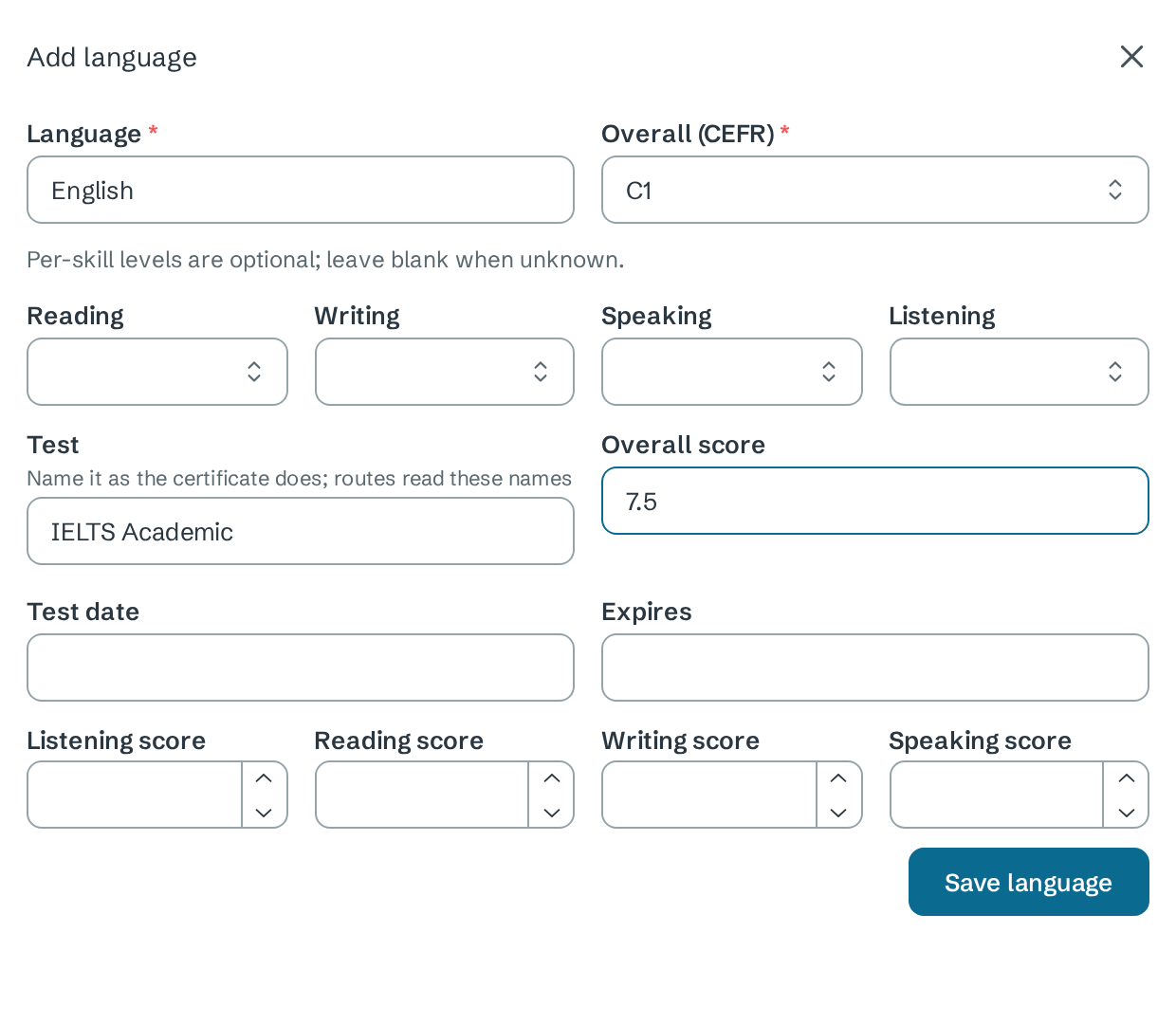 Add language drawer: Language English, Overall (CEFR) C1, Test IELTS Academic, Overall score 7.5, and a Save language button