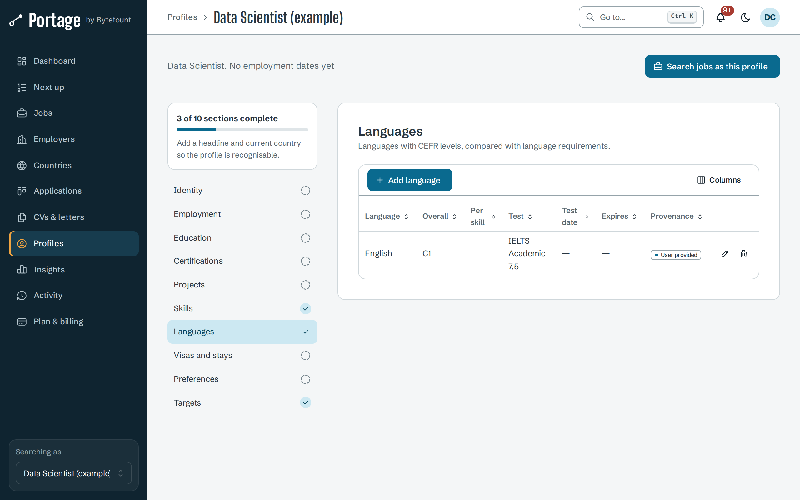 Data Scientist (example) profile: 3 of 10 sections complete, the section list with Skills, Languages and Targets ticked, and the Languages table with English C1, IELTS Academic 7.5