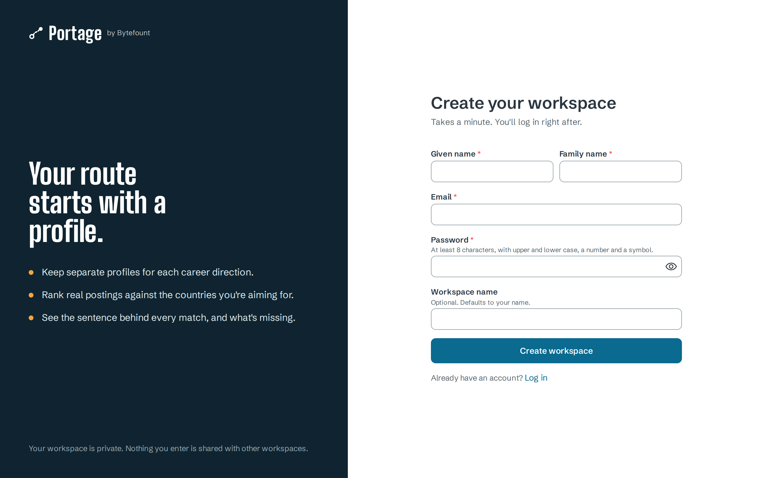 Create your workspace form with Given name, Family name, Email, Password and Workspace name fields and a Create workspace button