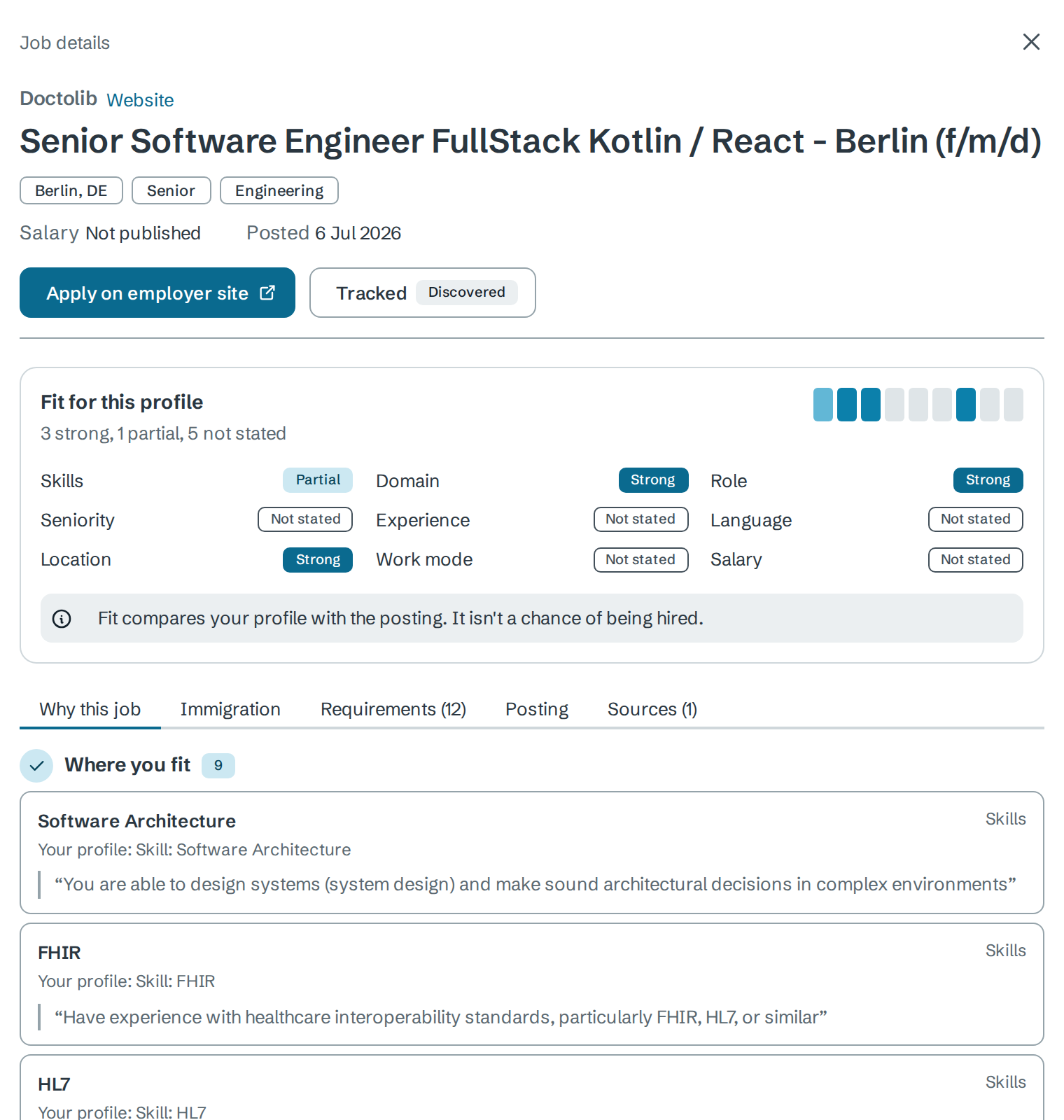 Job details for a Doctolib posting in Berlin: Apply on employer site and Tracked buttons, the Fit for this profile panel with one badge per dimension, and tabs for Why this job, Immigration, Requirements, Posting and Sources