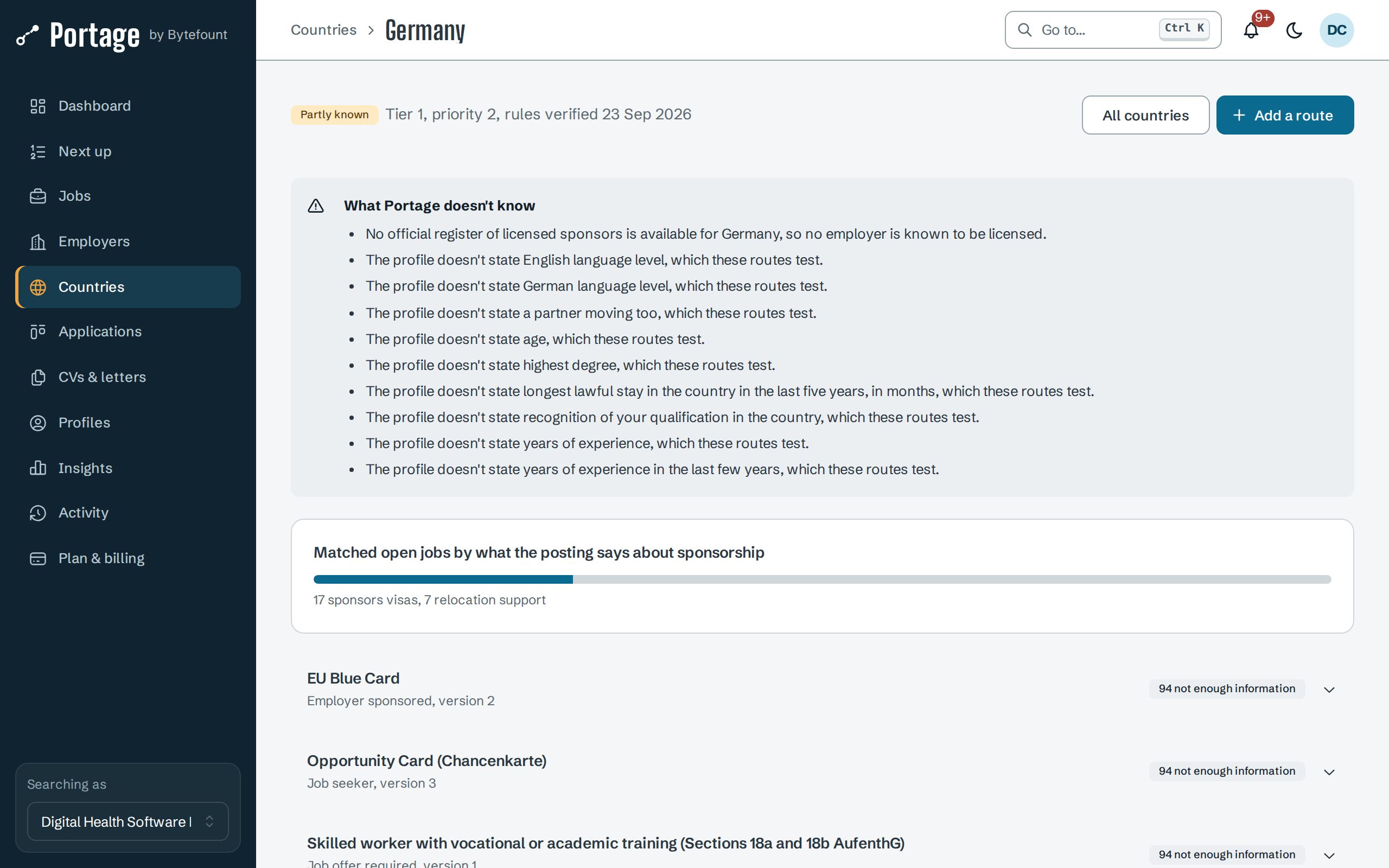 Germany: Partly known, Tier 1, priority 2; What Portage doesn't know, listing facts the profile doesn't state; matched jobs by sponsorship; and the EU Blue Card, Opportunity Card and Skilled worker routes, each with 94 not enough information