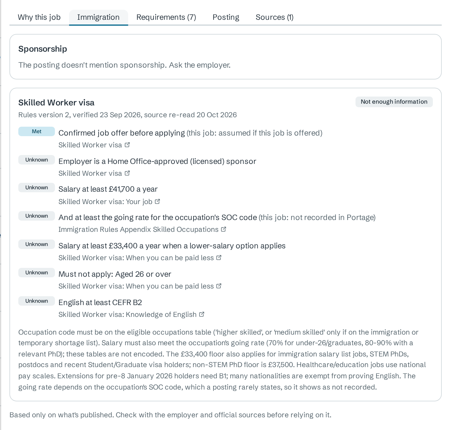 Immigration tab for a London posting: a Sponsorship card, then the Skilled Worker visa card with one Met check and six Unknown checks, and the outcome Not enough information