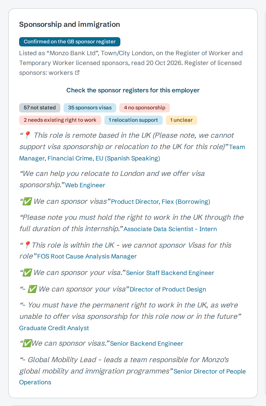 Sponsorship and immigration for Monzo: Confirmed on the GB sponsor register, listed as Monzo Bank Ltd, Town/City London, read 20 Oct 2026, then counts of postings by sponsorship and quotes from Monzo postings