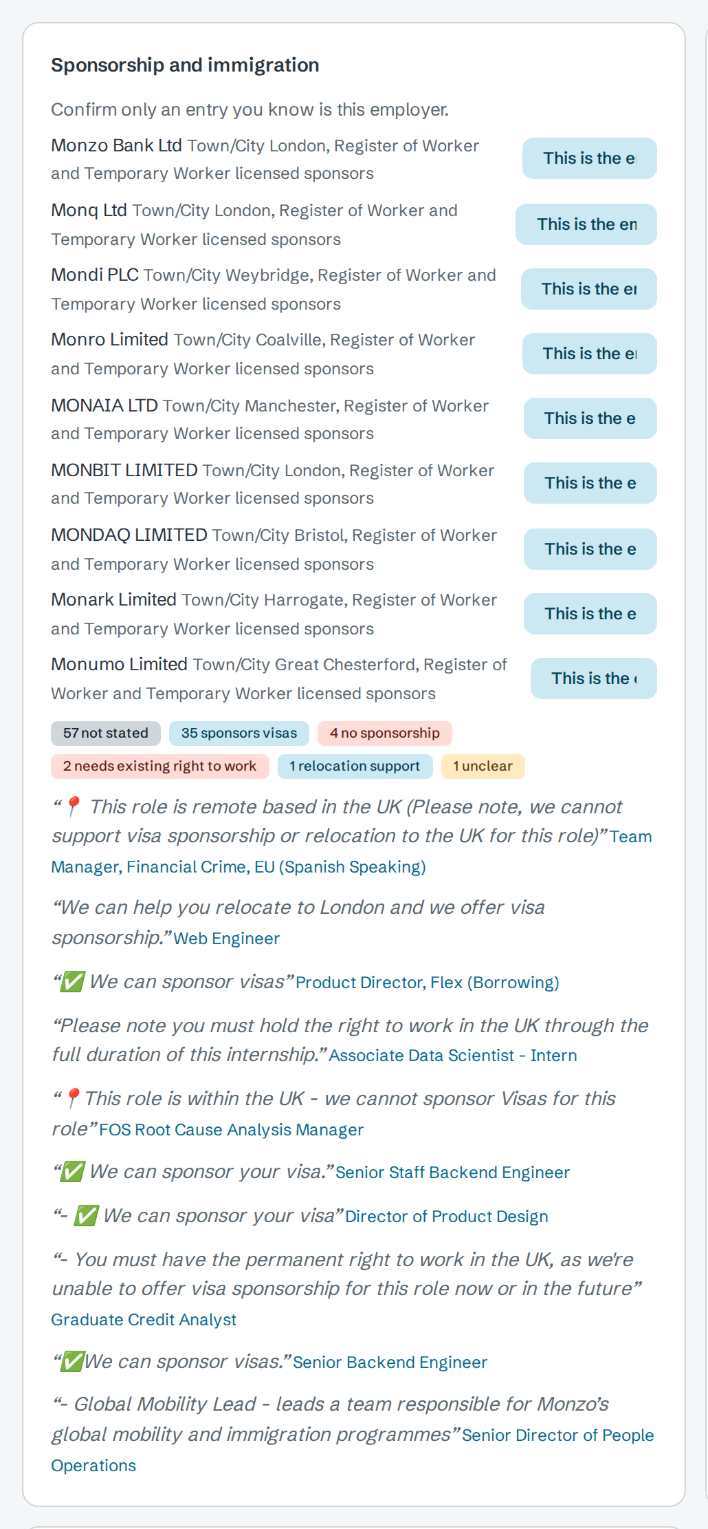 Sponsorship and immigration for Monzo: Confirm only an entry you know is this employer, then register entries Monzo Bank Ltd (London), Monq Ltd, Mondi PLC and others, each with a This is the employer button