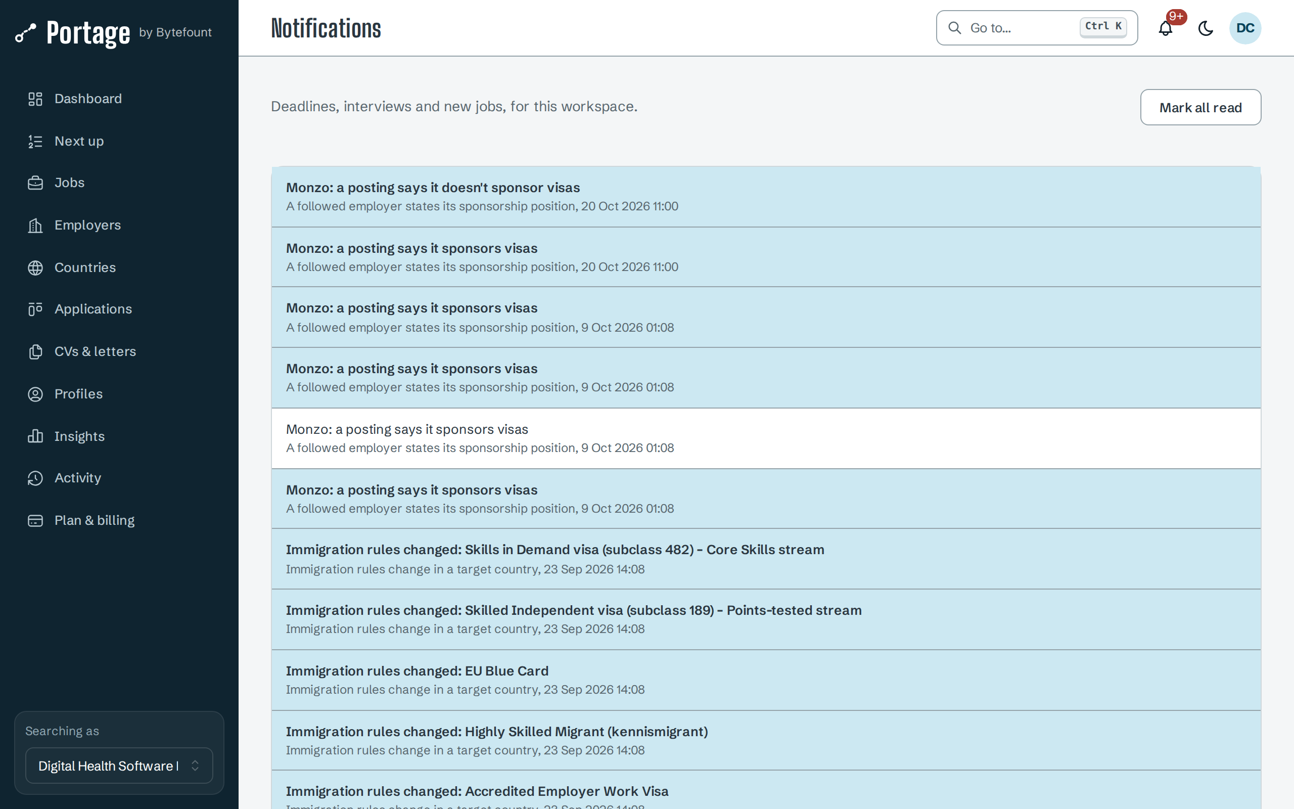 Notifications page: unread notices highlighted, such as Monzo: a posting says it doesn't sponsor visas, and Immigration rules changed: Skills in Demand visa (subclass 482) - Core Skills stream, each with its kind and date, and a Mark all read button