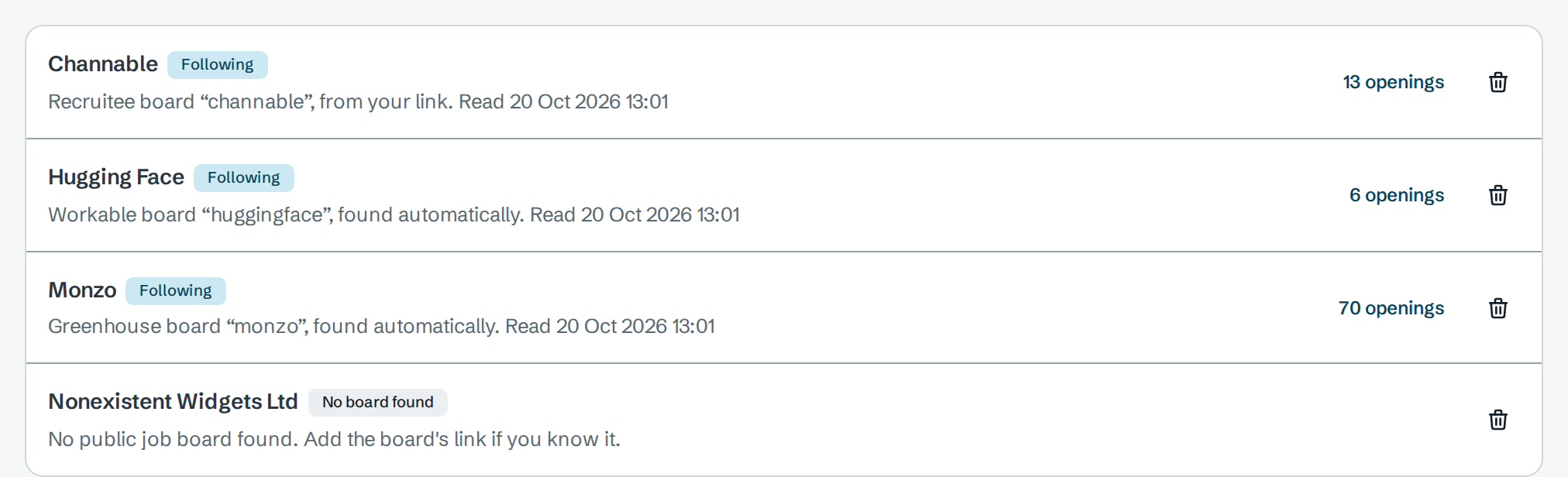 Followed employers: Channable, Hugging Face and Monzo marked Following with their board and opening count, and Nonexistent Widgets Ltd marked No board found
