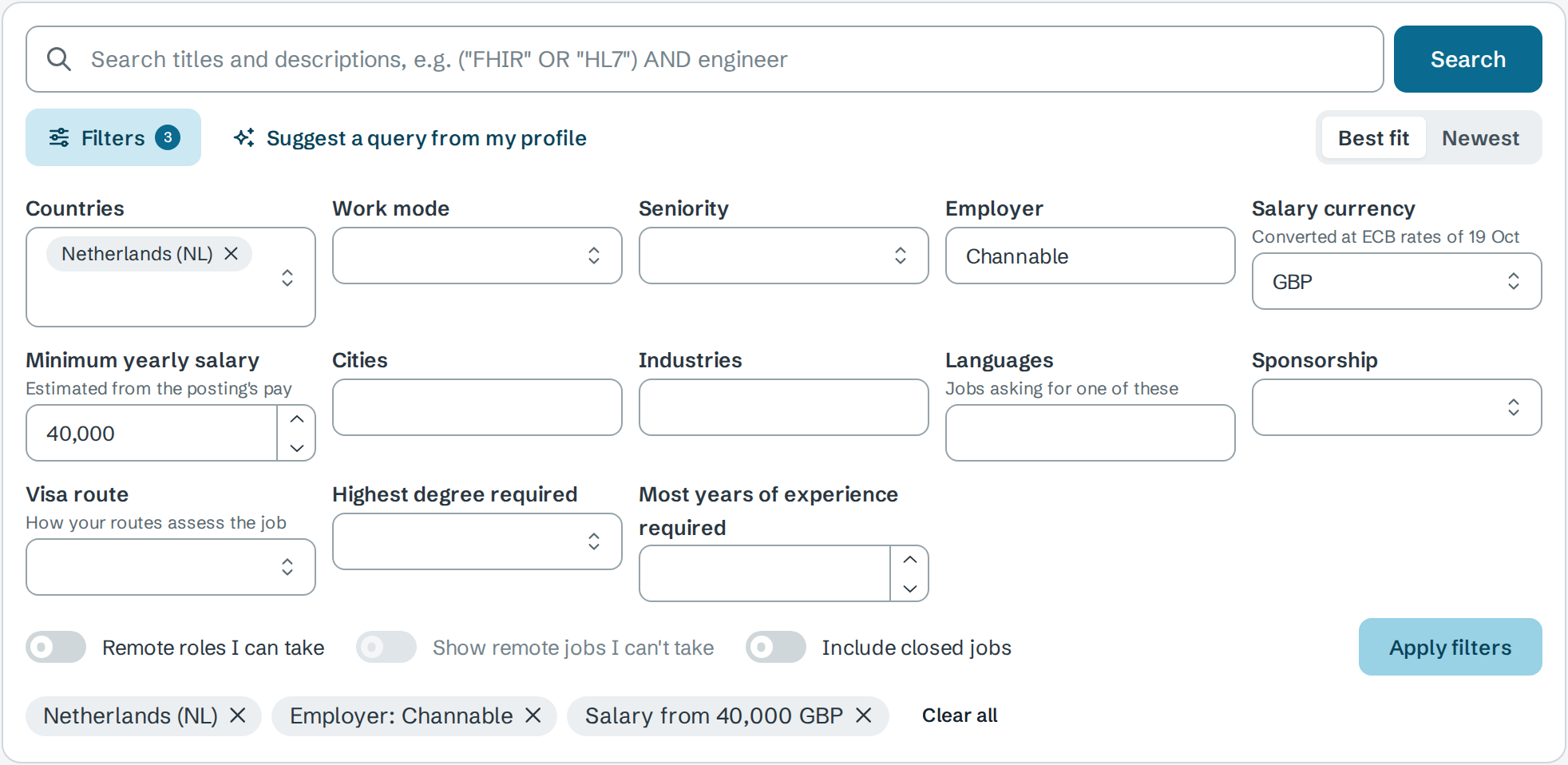 Filters with Countries Netherlands, Employer Channable, Salary currency GBP converted at ECB rates of 19 Oct, and Minimum yearly salary 40,000, with chips for each filter