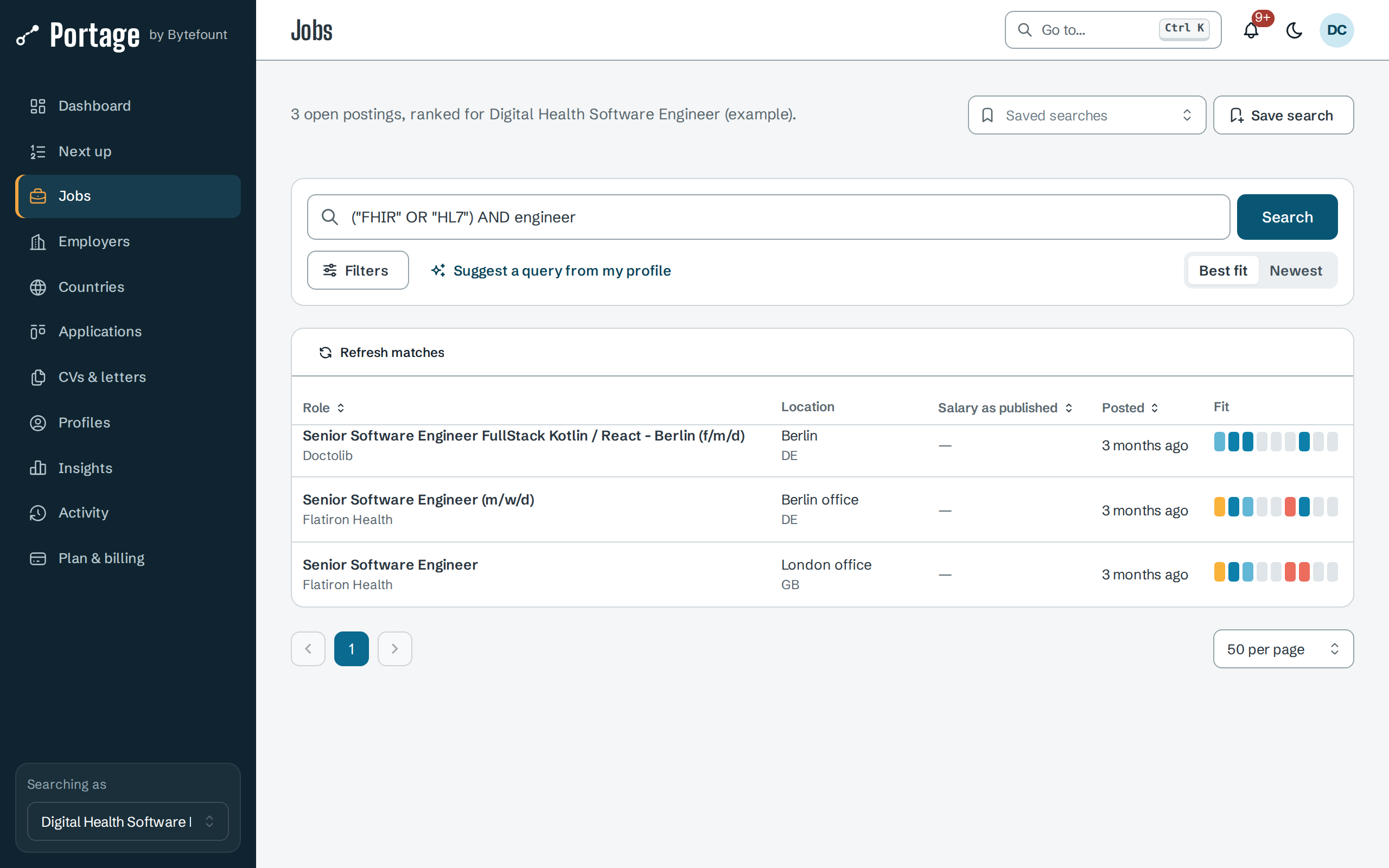 Jobs page with the query ("FHIR" OR "HL7") AND engineer, showing 3 open postings ranked for Digital Health Software Engineer (example): Doctolib in Berlin and Flatiron Health in Berlin and London