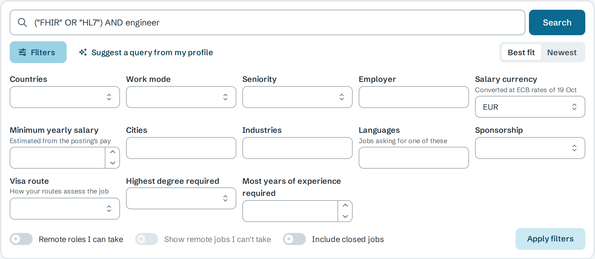 The filter panel: Countries, Work mode, Seniority, Employer, Salary currency, Minimum yearly salary, Cities, Industries, Languages, Sponsorship, Visa route, Highest degree required, Most years of experience required, and three switches