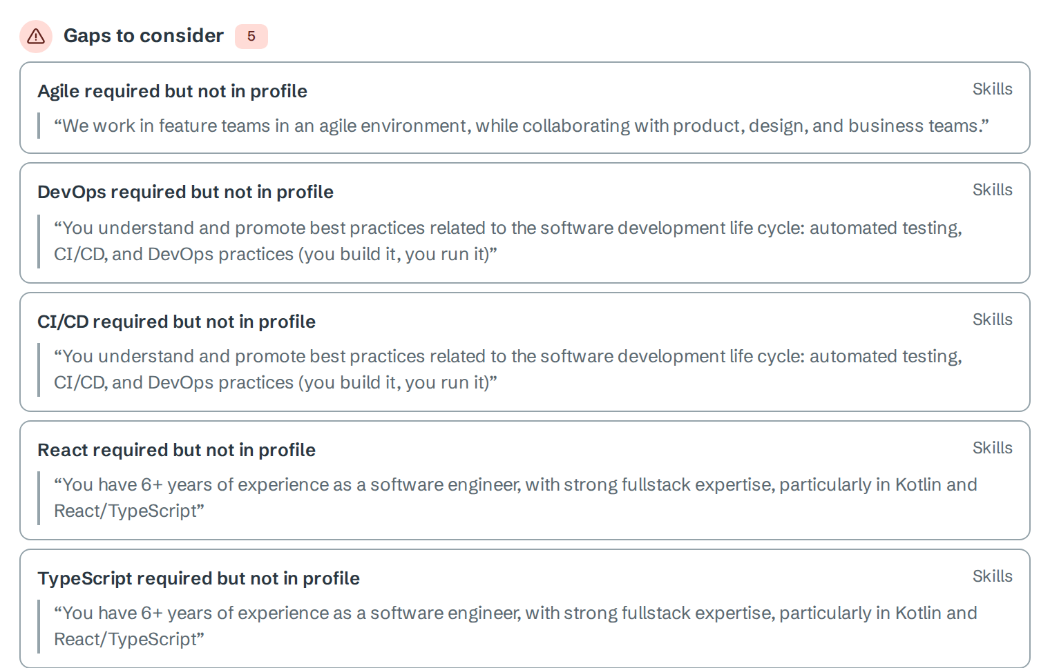 Gaps to consider, 5: Agile, DevOps, CI/CD, React and TypeScript required but not in profile, each with the quoted sentence from the posting