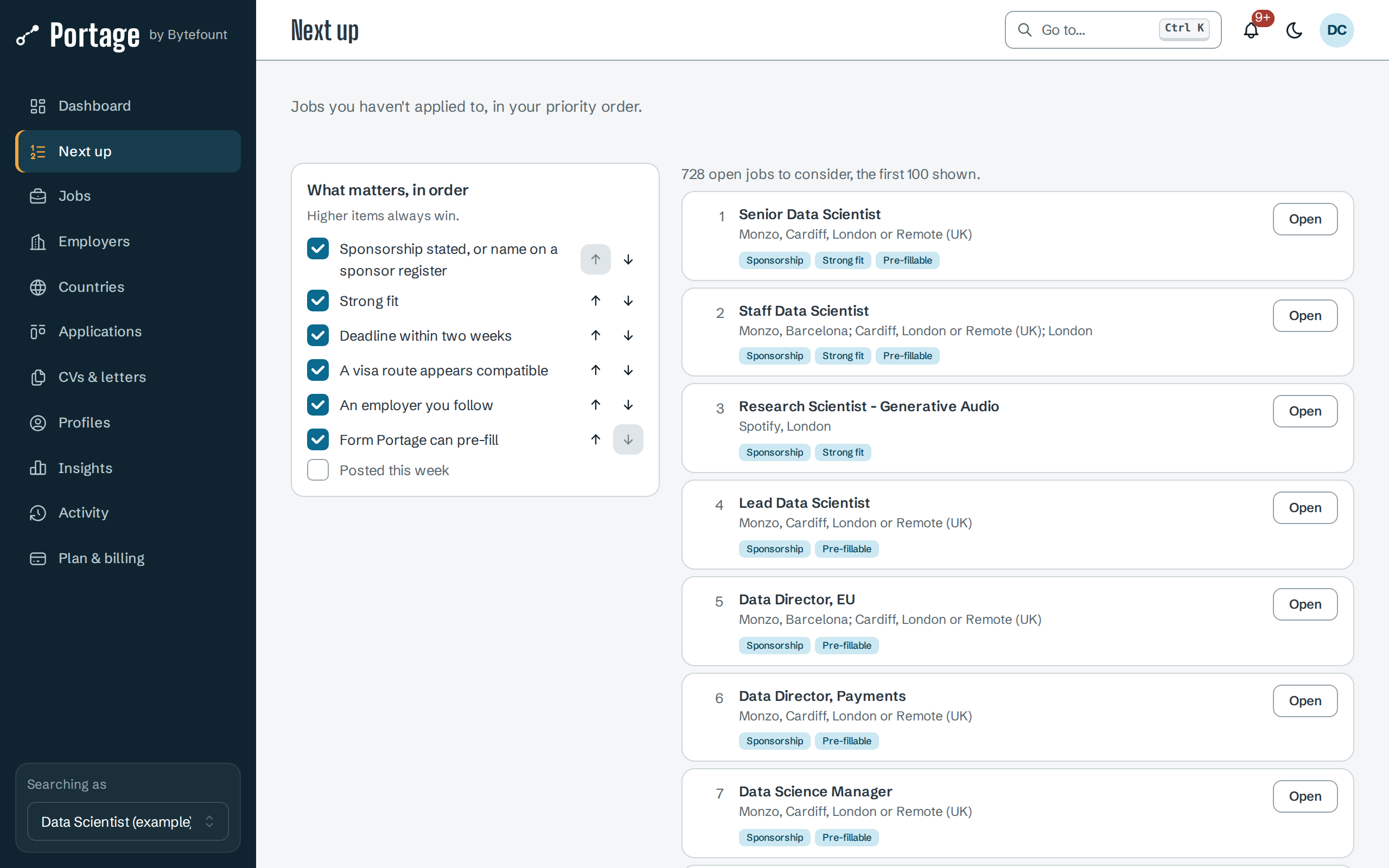 Next up with Sponsorship stated, or name on a sponsor register moved to the top and Posted this week unticked; the queue starts with Monzo and Spotify data science jobs tagged Sponsorship, Strong fit and Pre-fillable